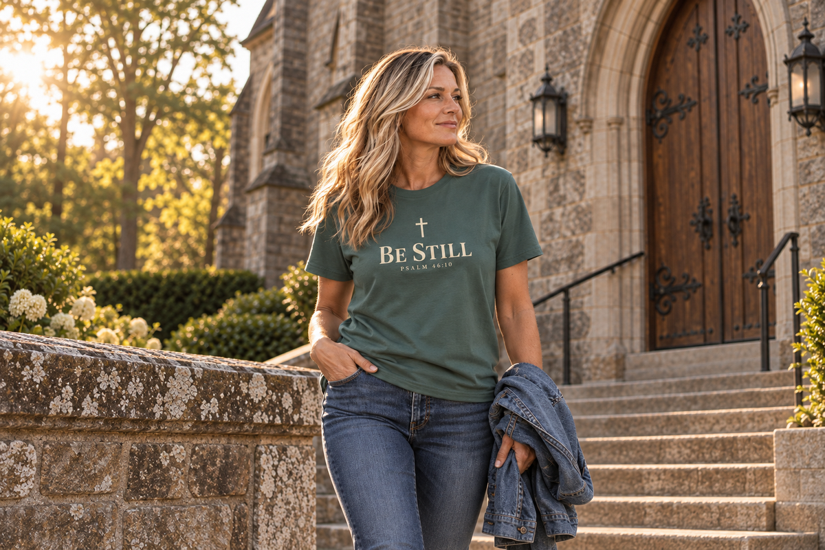 Woman wearing a green “Be Still” Psalm 46:10 Christian T-shirt outside a stone church in warm golden-hour light.