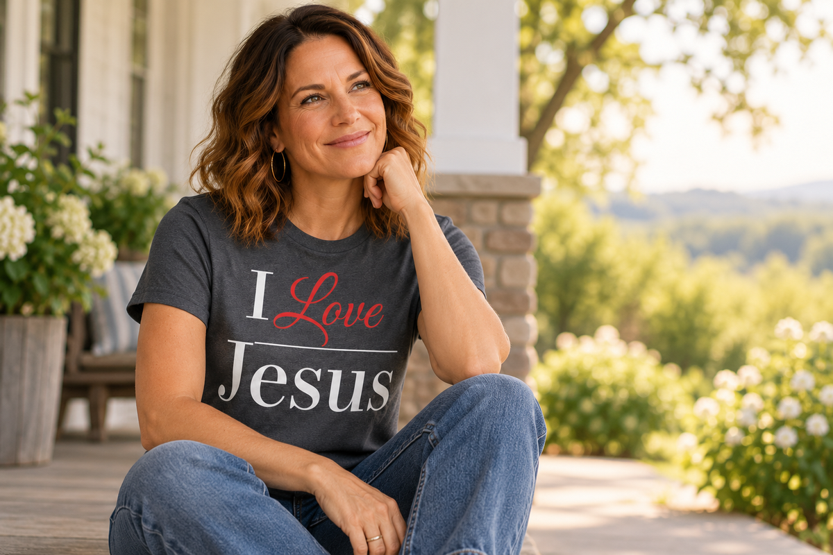 Woman wearing an I Love Jesus Christian T-shirt sitting peacefully on a sunlit porch, reflecting on faith, peace, fear, and anxiety.