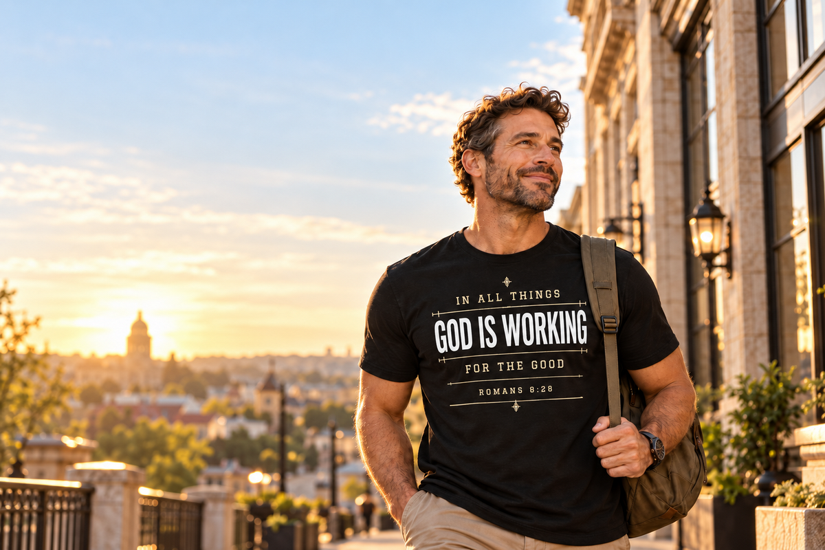 Man wearing a black Gospelborne Clothing Romans 8:28 “God Is Working” T-shirt walks through a historic downtown setting at golden hour.