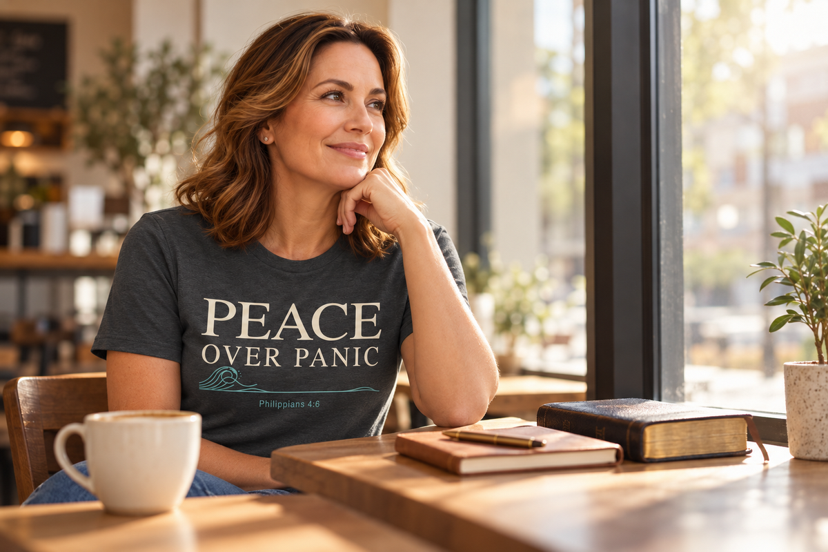 Woman wearing a charcoal gray Peace Over Panic Christian T-shirt inspired by Philippians 4:6, sitting thoughtfully at a sunlit café table with a Bible, journal, and coffee.