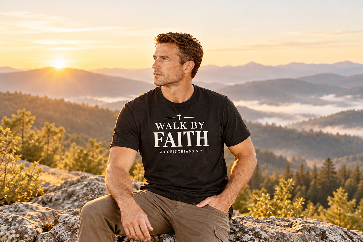 Man wearing a black Walk By Faith Christian T-shirt featuring 2 Corinthians 5:7, seated on a rocky mountain overlook at sunrise with misty valleys and distant mountain peaks.