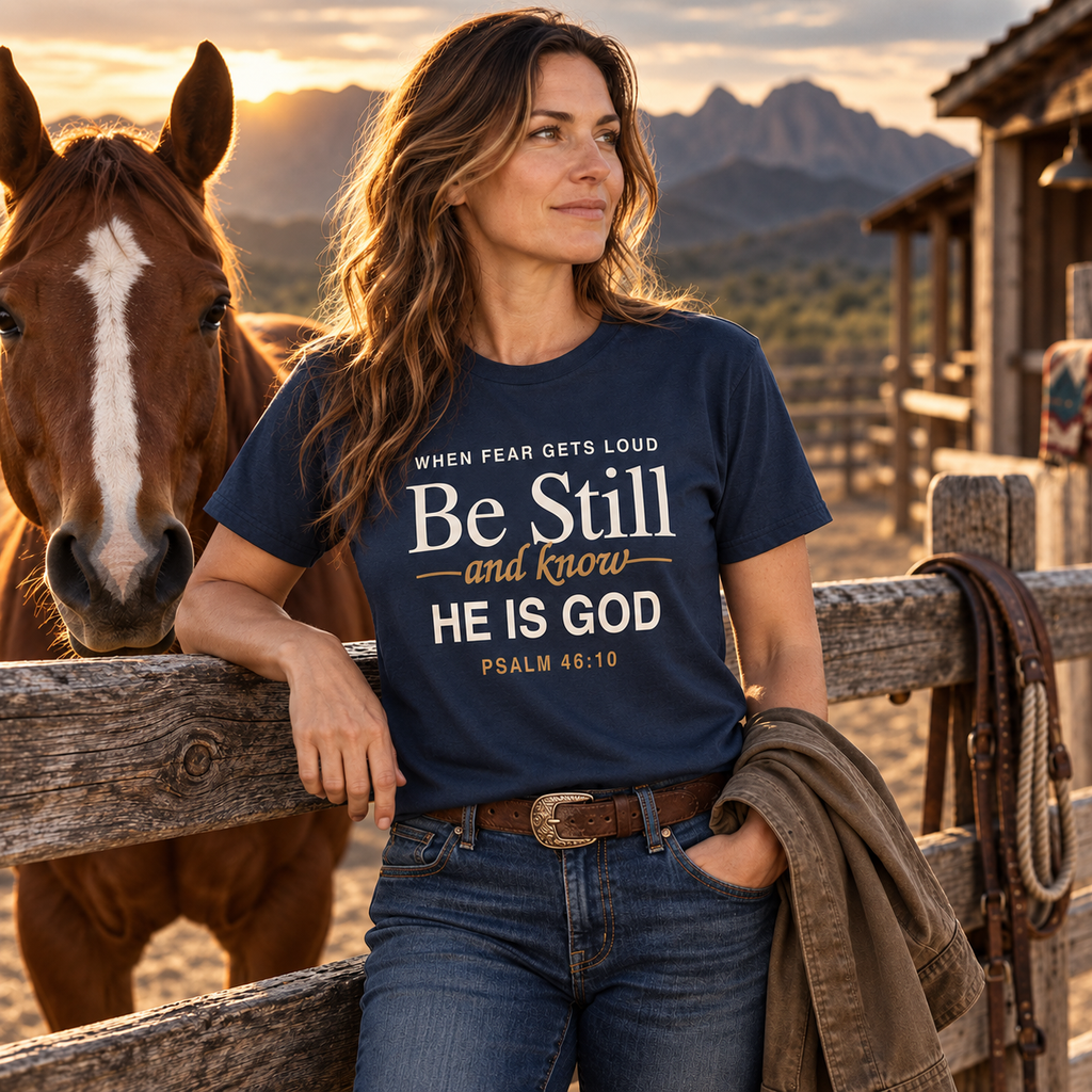 Woman wearing navy “Be Still and Know He Is God” Psalm 46:10 Christian T-shirt beside a horse at a mountain ranch.