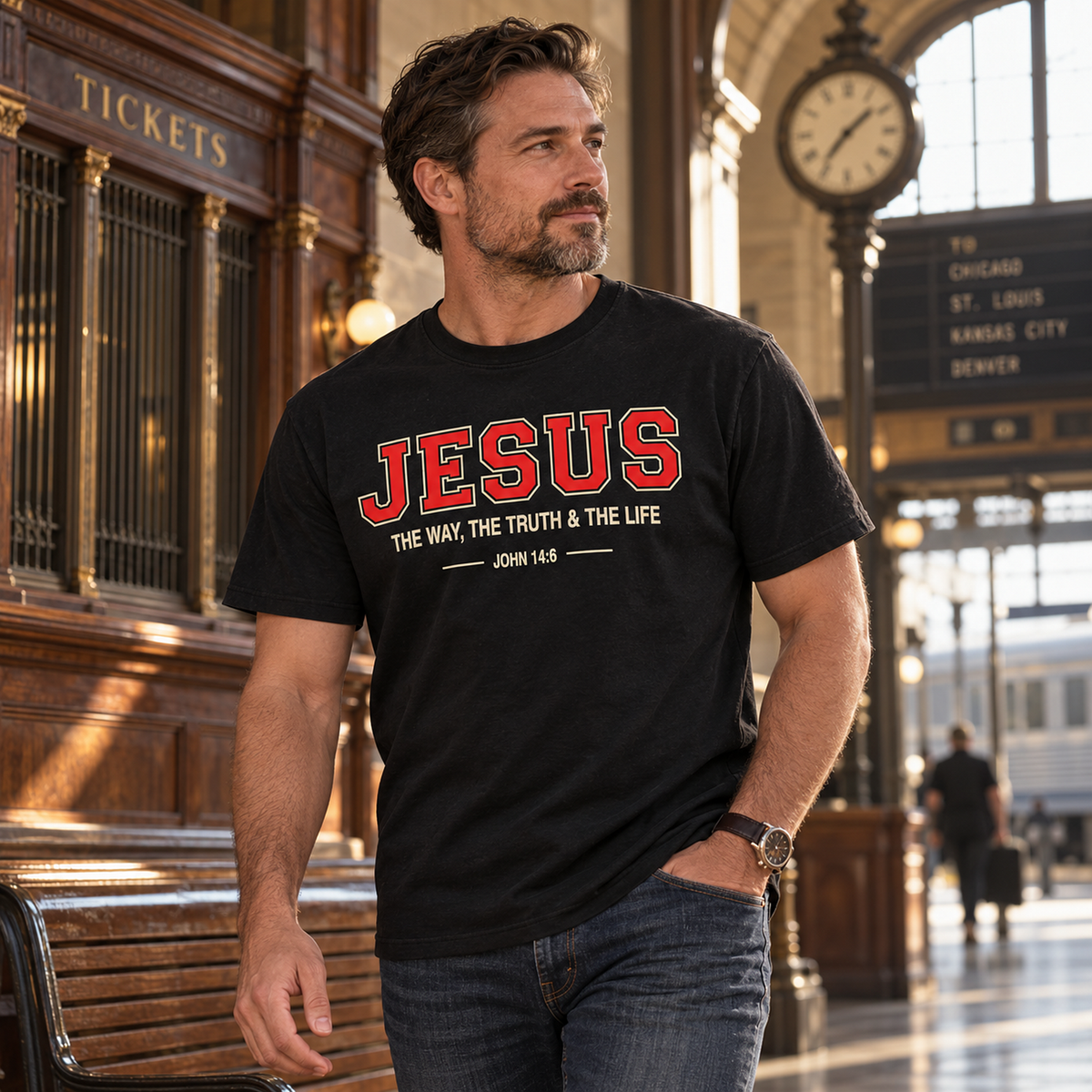 Man wearing black The Way The Truth & The Life shirt at a historic train station