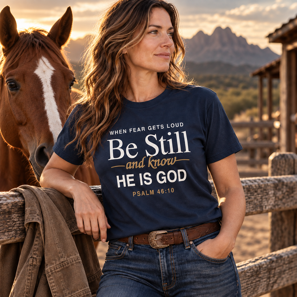 Woman wearing the navy “When Fear Gets Loud, Be Still” Christian T-shirt beside a horse in a western ranch setting.