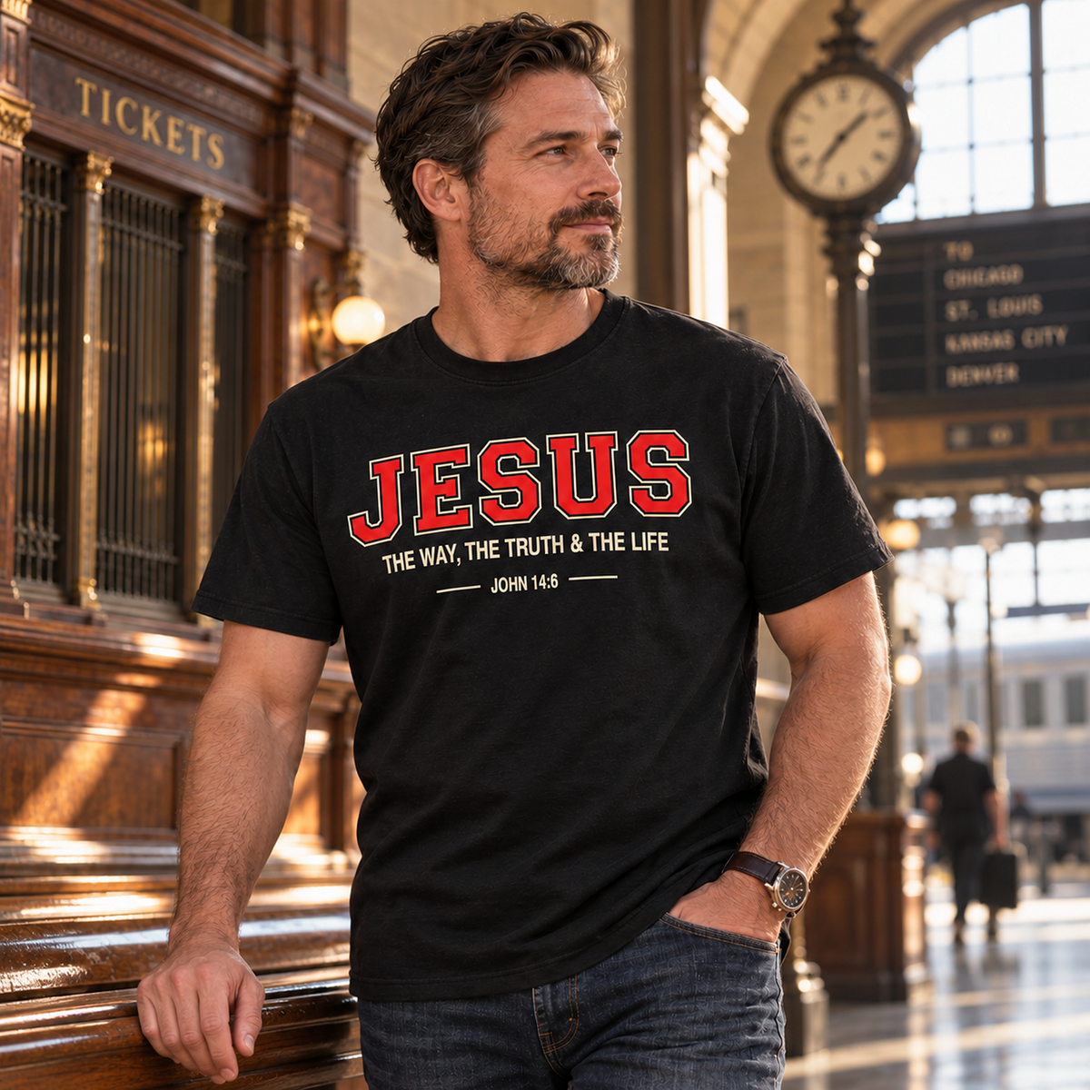 Man wearing black Jesus John 14:6 Christian shirt beside a vintage train