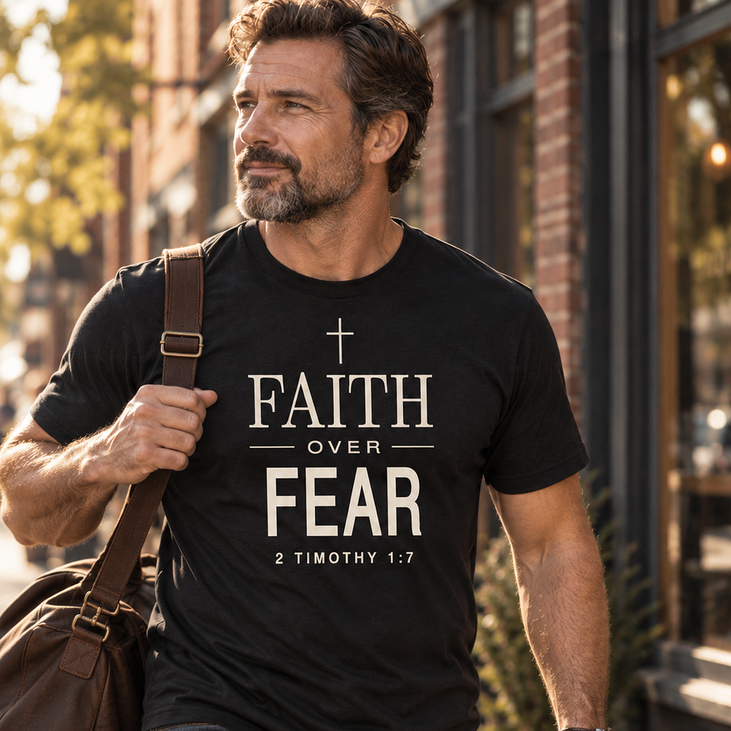 Man wearing black Faith Over Fear Christian T-shirt outside a downtown coffee shop