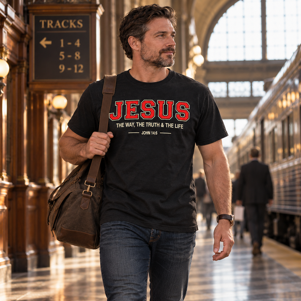 Man wearing The Way The Truth & The Life John 14:6 shirt inside a train station