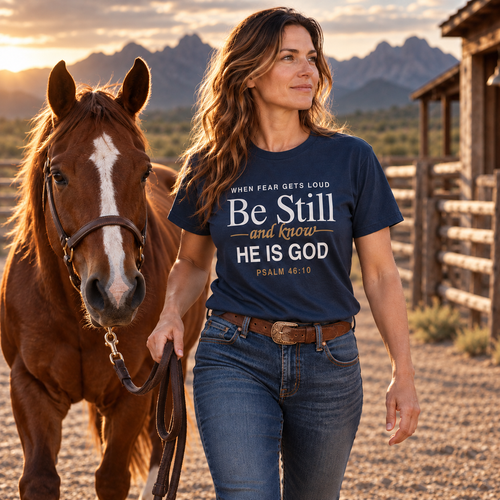 Woman walking beside a horse wearing a navy Psalm 46:10 “Be Still and Know He Is God” Christian shirt.