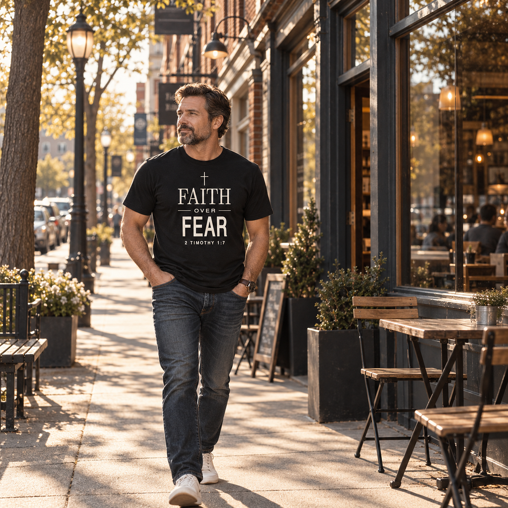 Man walking downtown in black Faith Over Fear Christian T-shirt