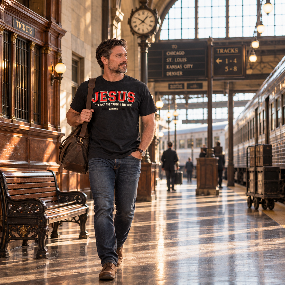 Man walking through historic train station wearing Jesus The Way Truth & Life shirt
