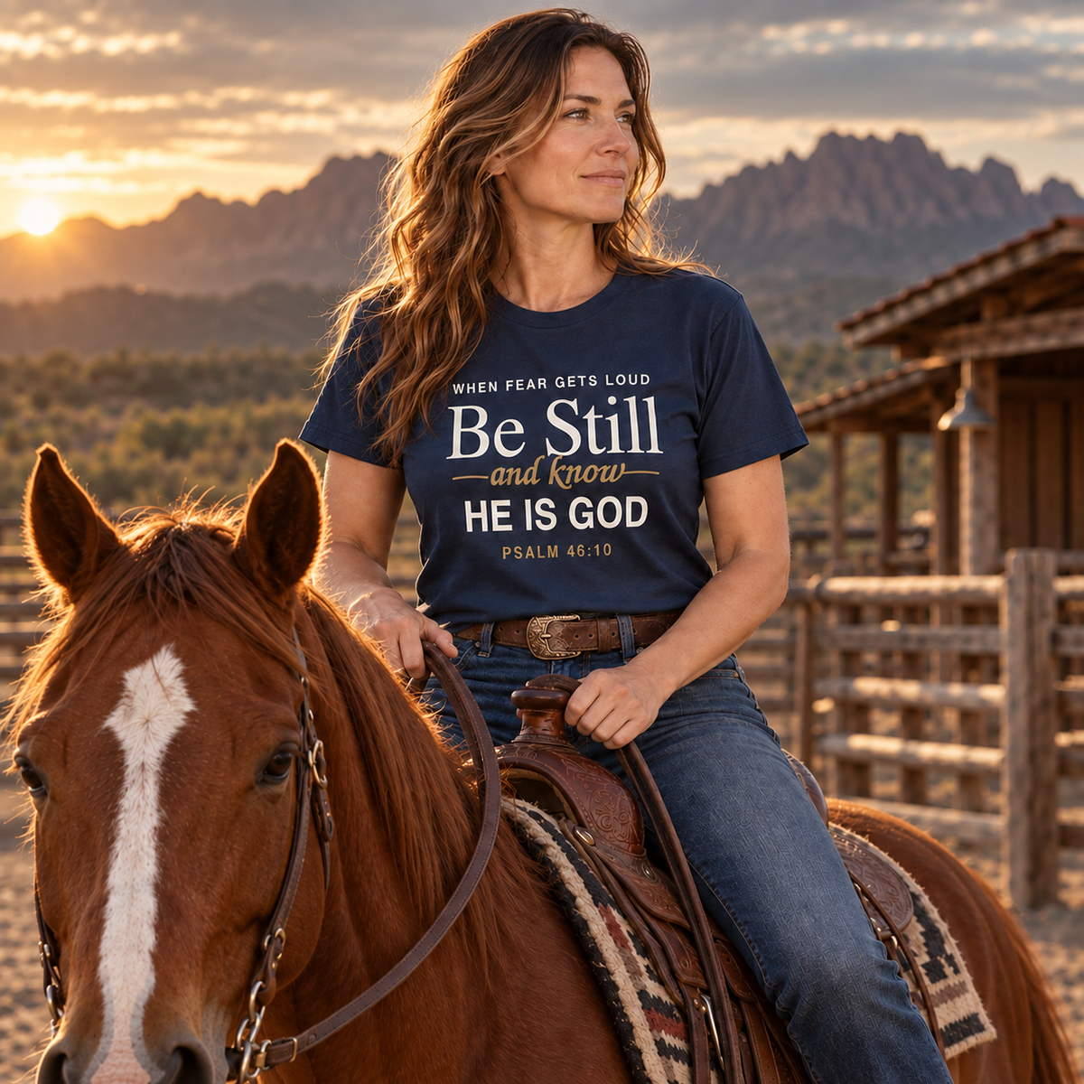 Woman in navy Psalm 46:10 Scripture shirt sitting on a horse at a mountain ranch during golden hour.