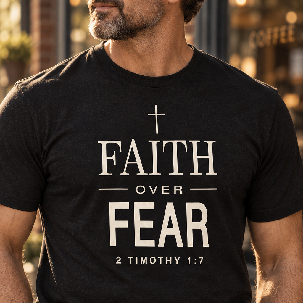 Close-up of Faith Over Fear shirt showing cross typography and 2 Timothy 1:7