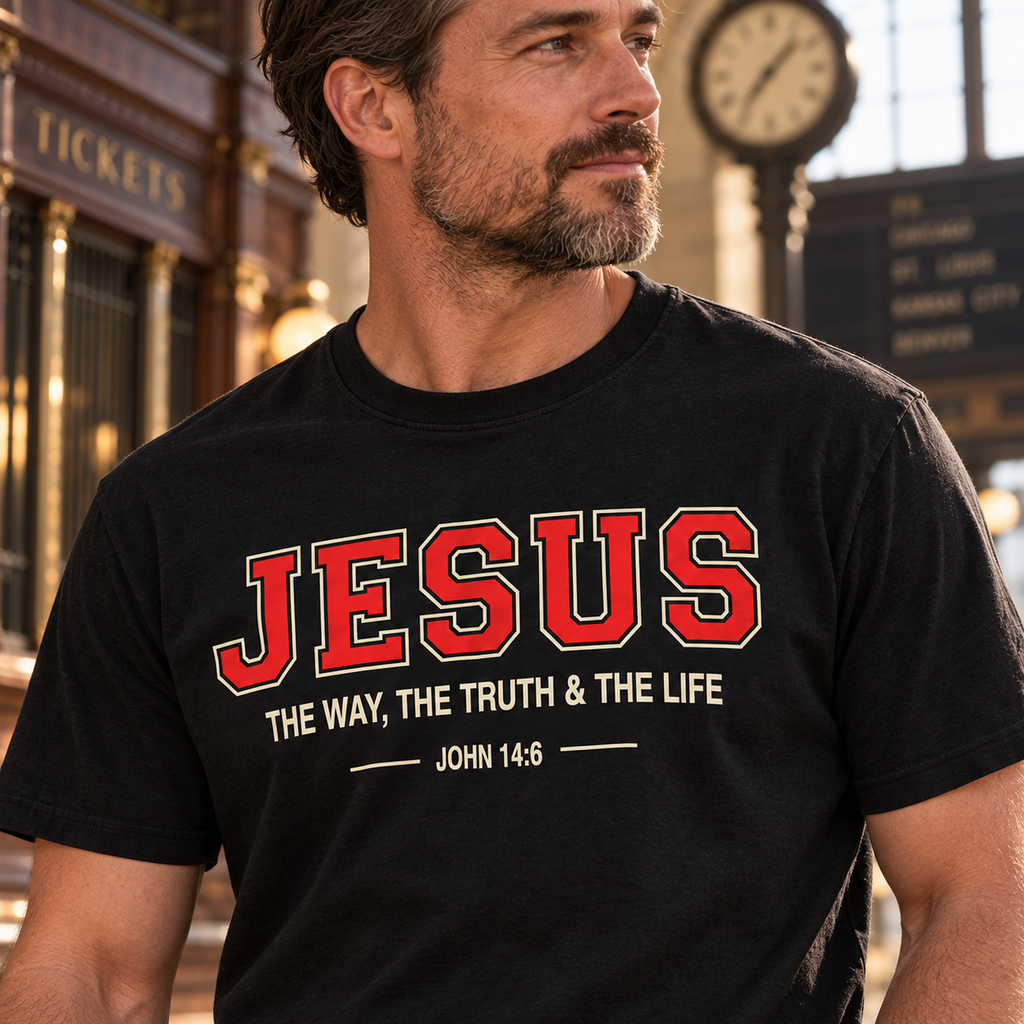 Close-up of man wearing black Jesus The Way Truth & Life Christian T-shirt