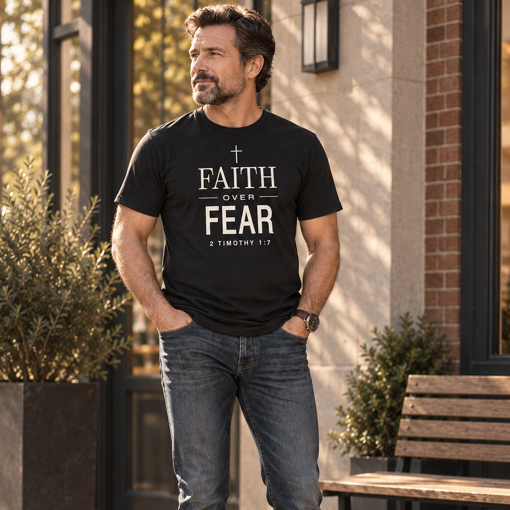 Full-body view of man wearing black Faith Over Fear Christian T-shirt with jeans