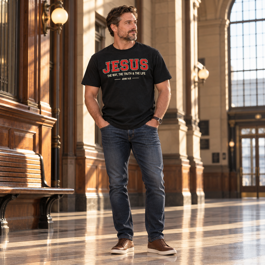 Full-body view of man wearing The Way The Truth & The Life Christian T-shirt at a train station