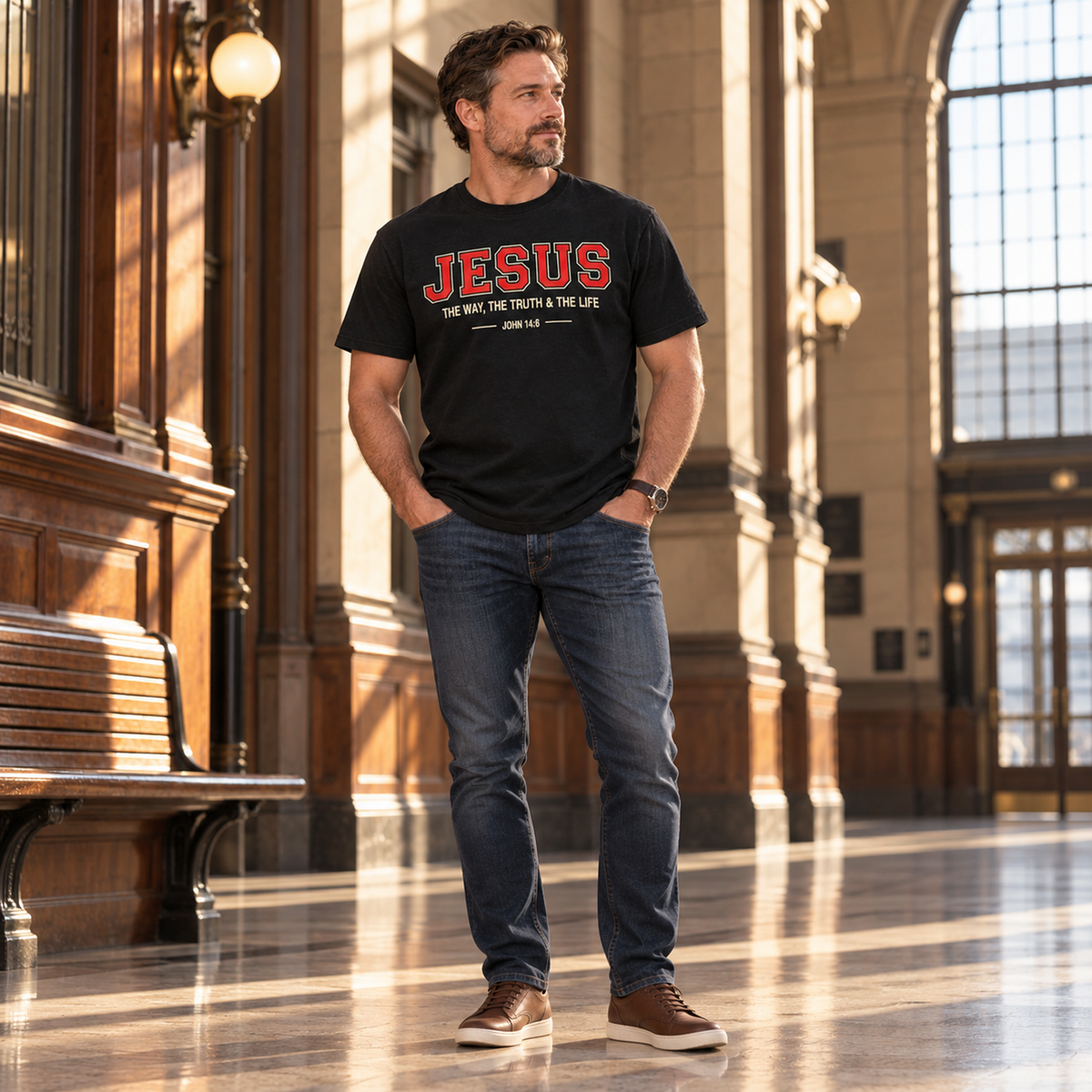 Full-body view of man wearing The Way The Truth & The Life Christian T-shirt at a train station
