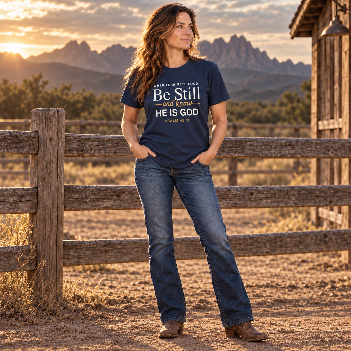 Full-body view of woman wearing navy Psalm 46:10 Christian T-shirt with jeans beside a rustic ranch fence.