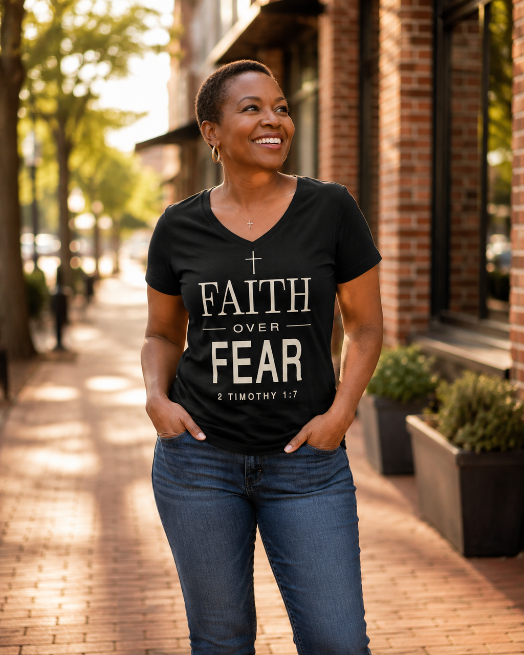 A woman standing on a brick sidewalk wearing a black V-neck graphic t-shirt with the text 'FAITH OVER FEAR' and '2 TIMOTHY 1:7' printed in white, paired with blue jeans.