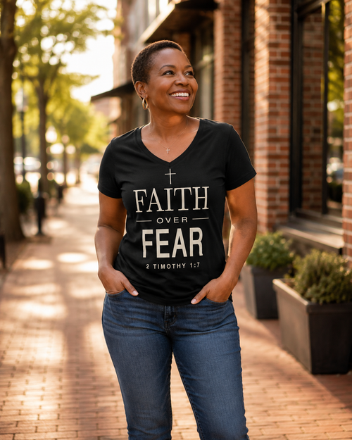 A woman standing on a brick sidewalk wearing a black V-neck graphic t-shirt with the text 'FAITH OVER FEAR' and '2 TIMOTHY 1:7' printed in white, paired with blue jeans.