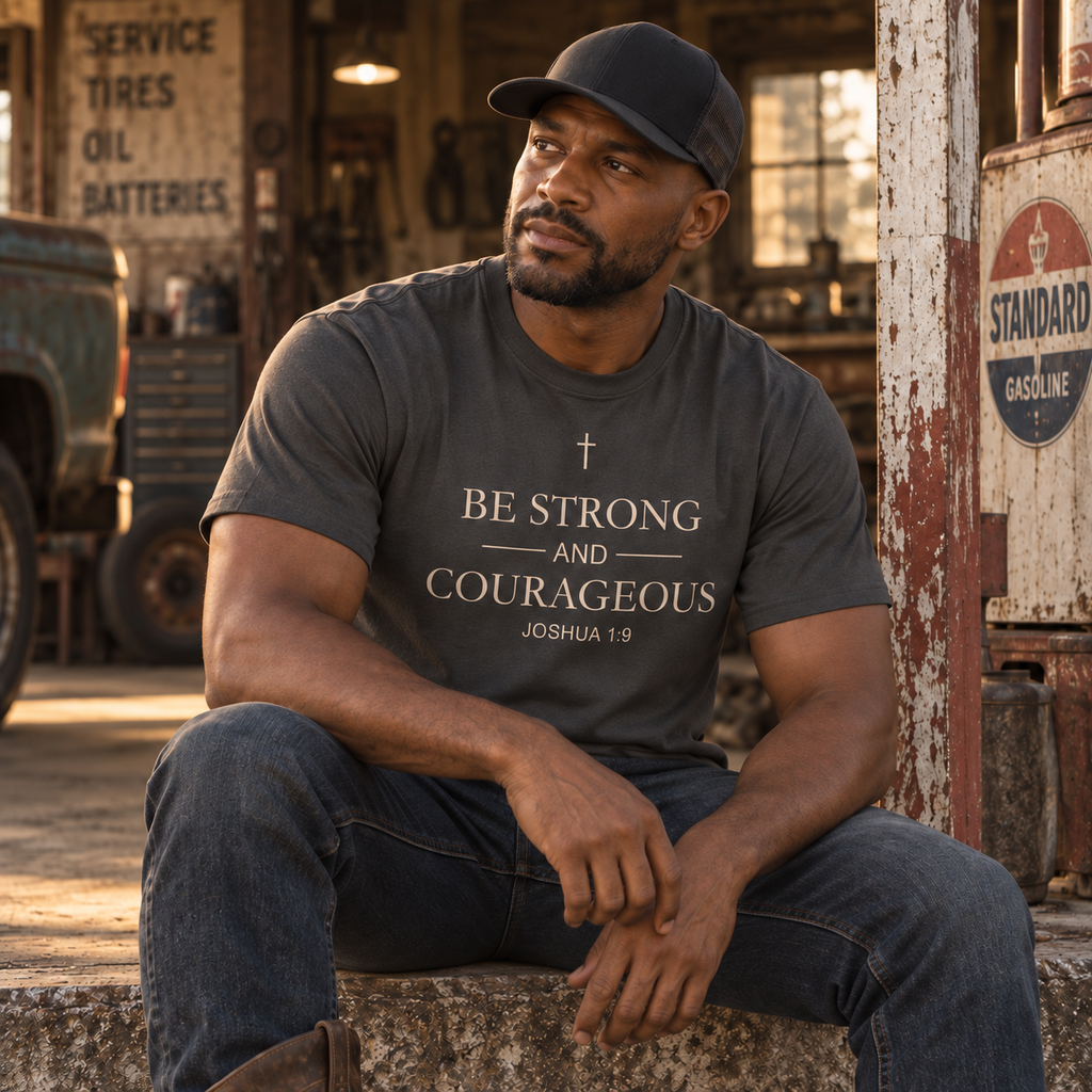 Man wearing Be Strong and Courageous Joshua 1:9 Christian T-shirt at a vintage service station