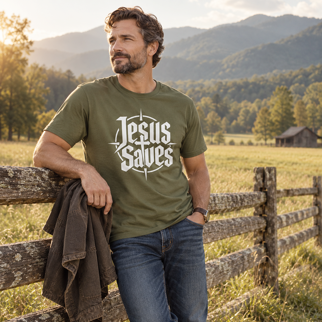 Man wearing olive Jesus Saves Christian T-shirt beside rustic wooden fence