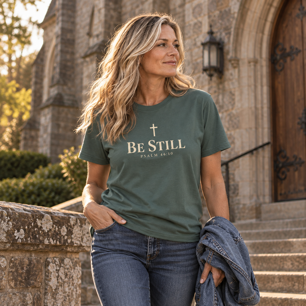 Woman wearing a blue spruce Be Still Christian shirt with Psalm 46:10 outside a historic stone church at golden hour.