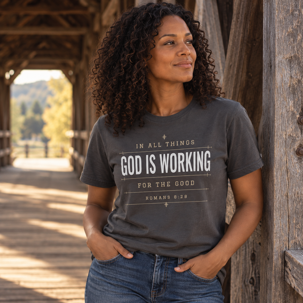 Woman wearing a graphite Christian T-shirt with “In All Things God Is Working for the Good” and Romans 8:28 artwork inside a historic covered bridge.