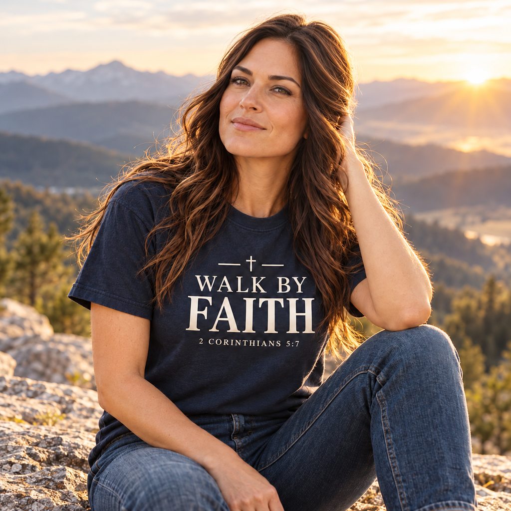 Walk by Faith – 2 Corinthians 5:7 Christian T-Shirt