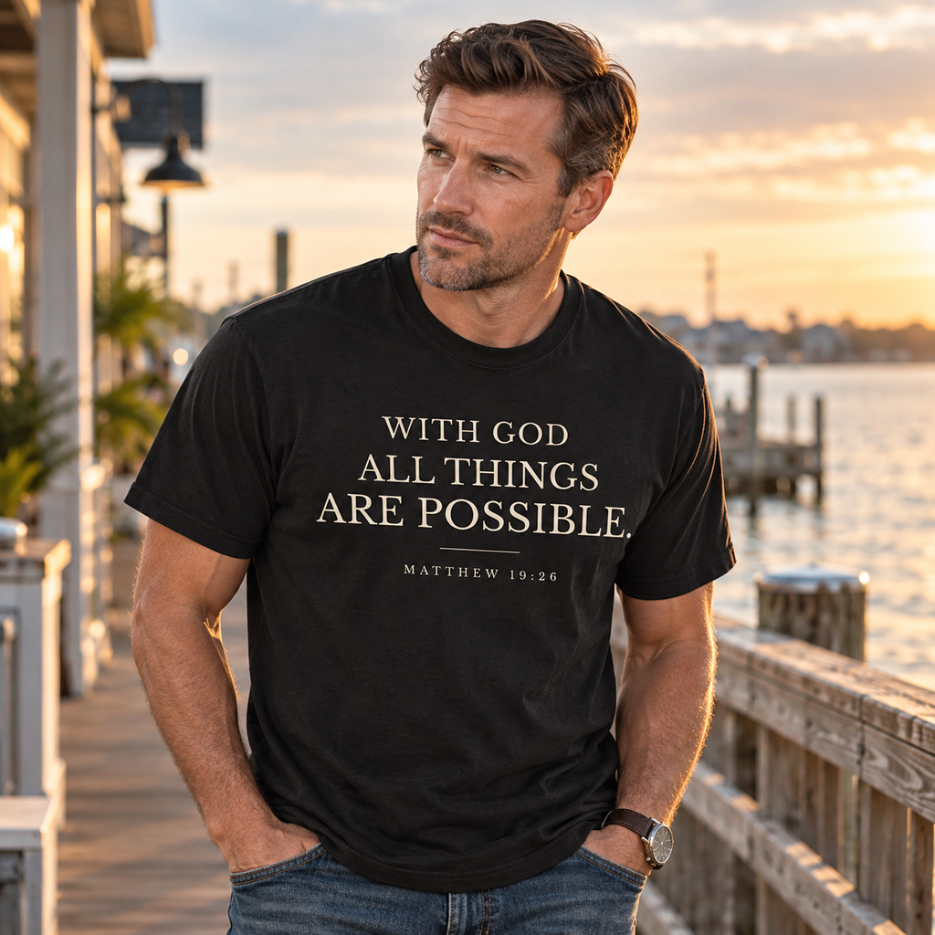 Man wearing a black With God All Things Are Possible Christian T-shirt on a waterfront boardwalk at sunset.
