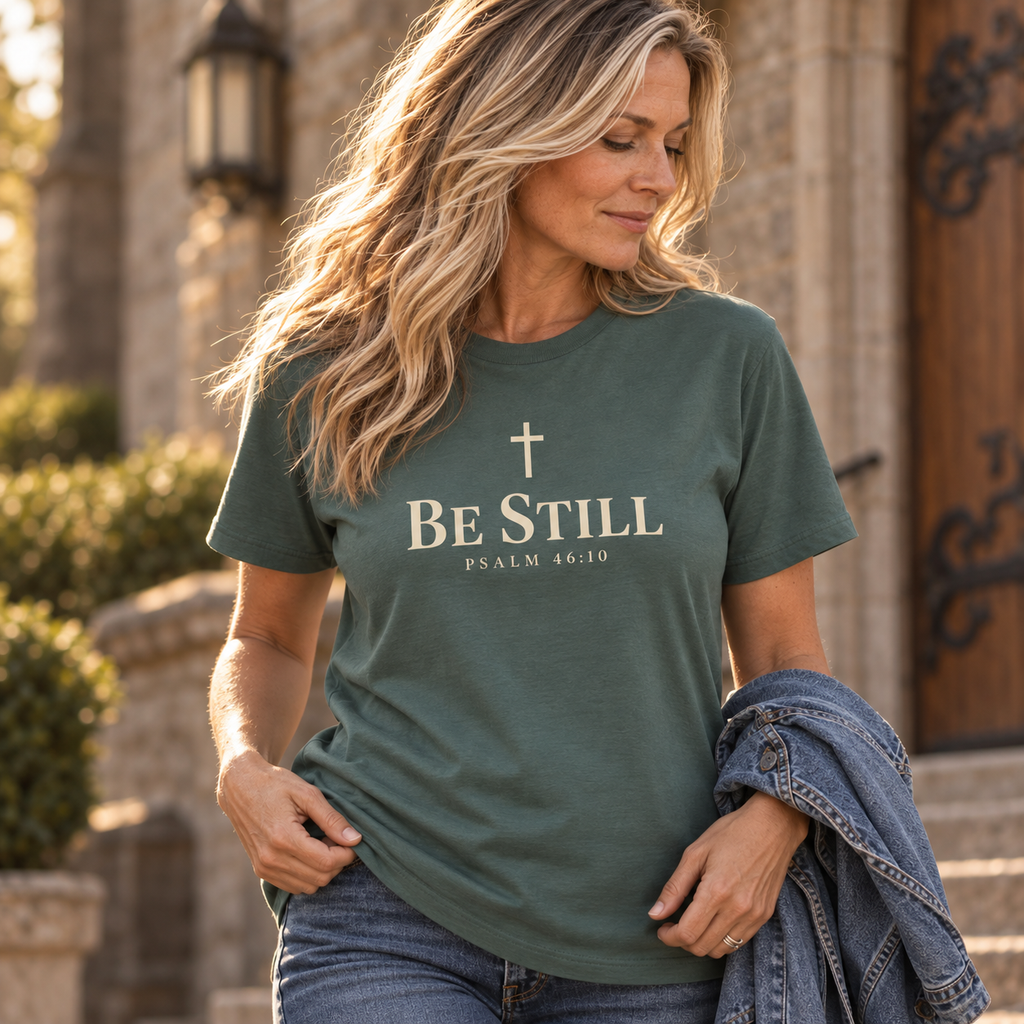 Woman wearing a blue spruce Be Still Psalm 46:10 Christian T-shirt in a close lifestyle portrait outside a stone church.