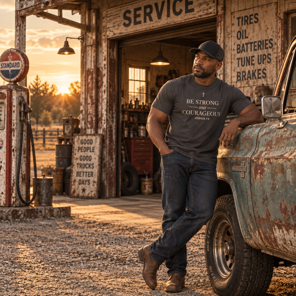 Man in Be Strong and Courageous Christian T-shirt leaning against a vintage truck at sunset