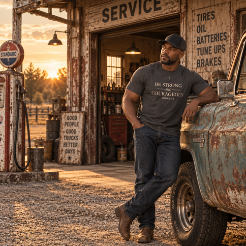 Man in Be Strong and Courageous Christian T-shirt leaning against a vintage truck at sunset