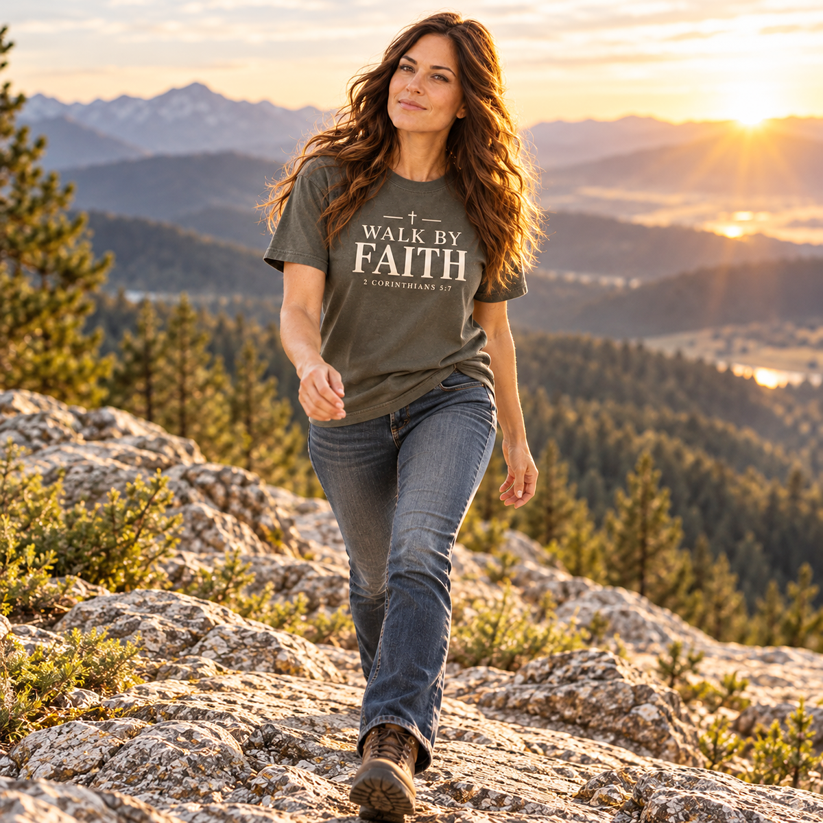 Walk by Faith – 2 Corinthians 5:7 Christian T-Shirt