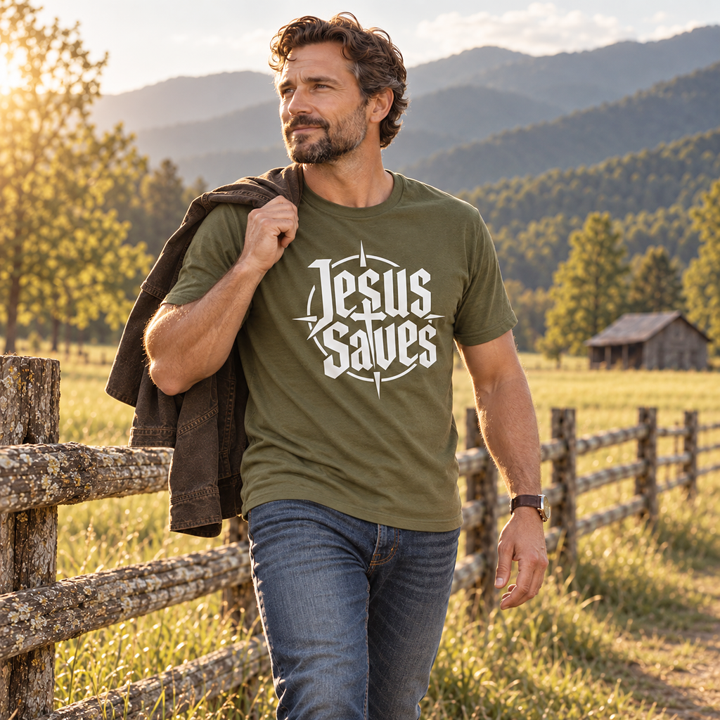 Man walking through field wearing olive Jesus Saves Christian shirt