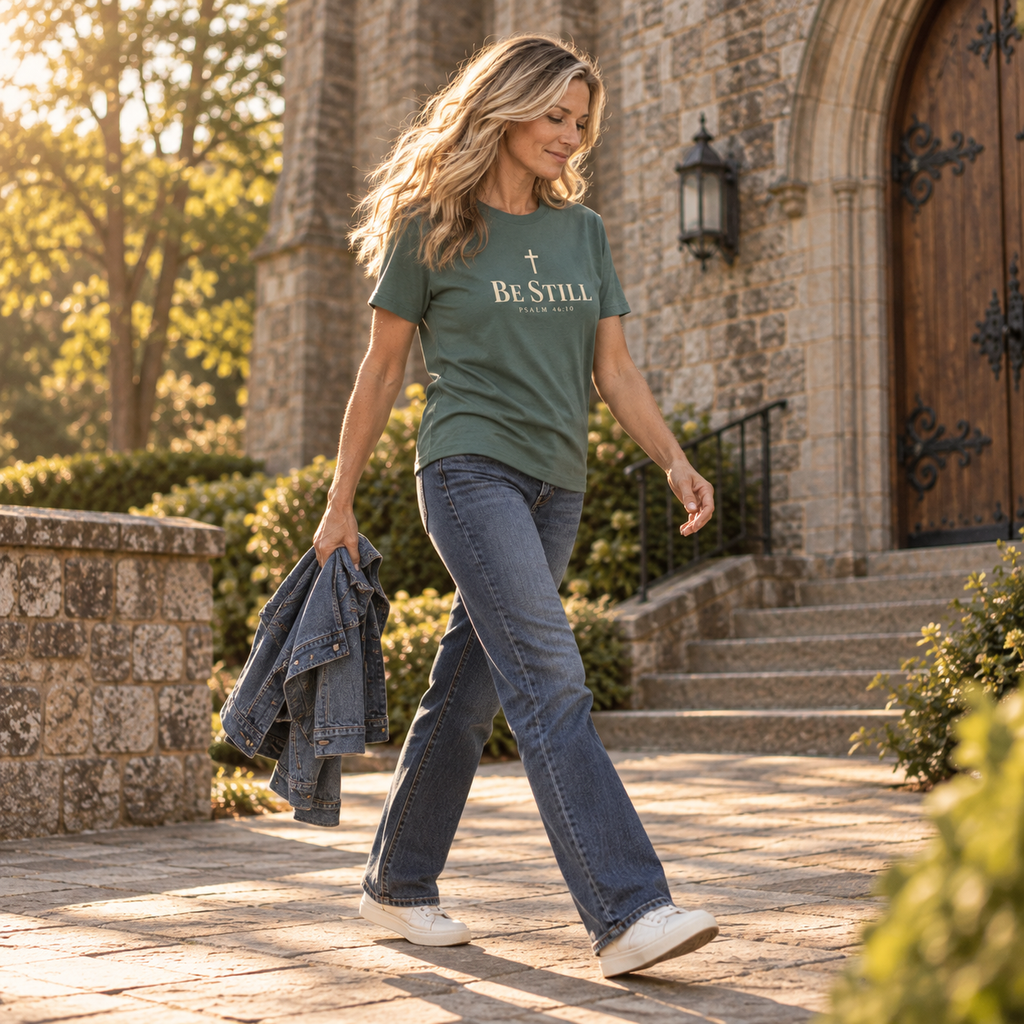 Woman walking in a blue spruce Be Still Christian shirt with Psalm 46:10 outside a historic stone church.