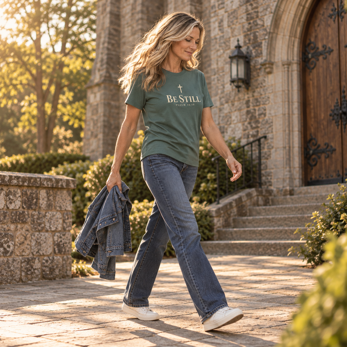 Woman walking in a blue spruce Be Still Christian shirt with Psalm 46:10 outside a historic stone church.