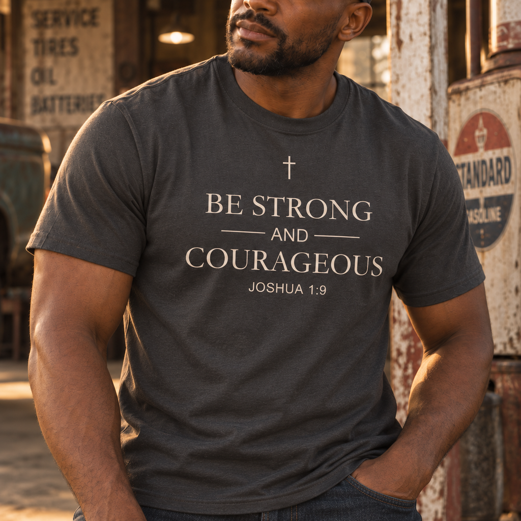 Close-up of Be Strong and Courageous Joshua 1:9 Scripture design on charcoal Christian T-shirt