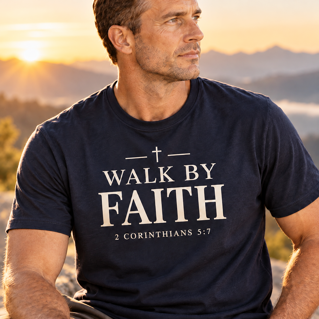 Walk by Faith – 2 Corinthians 5:7 Christian T-Shirt