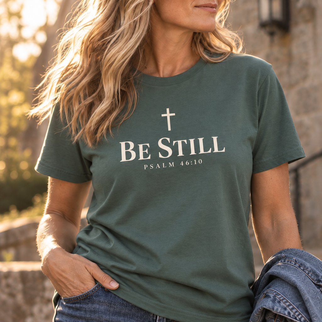 Close-up of blue spruce Be Still Christian T-shirt featuring a cross and Psalm 46:10 Scripture design.