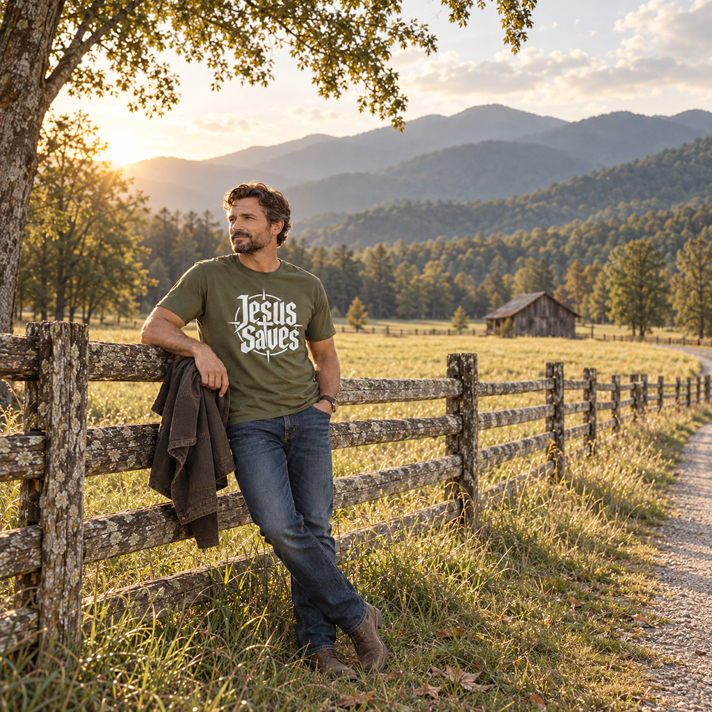 Man wearing Jesus Saves cross compass shirt beside mountain pasture