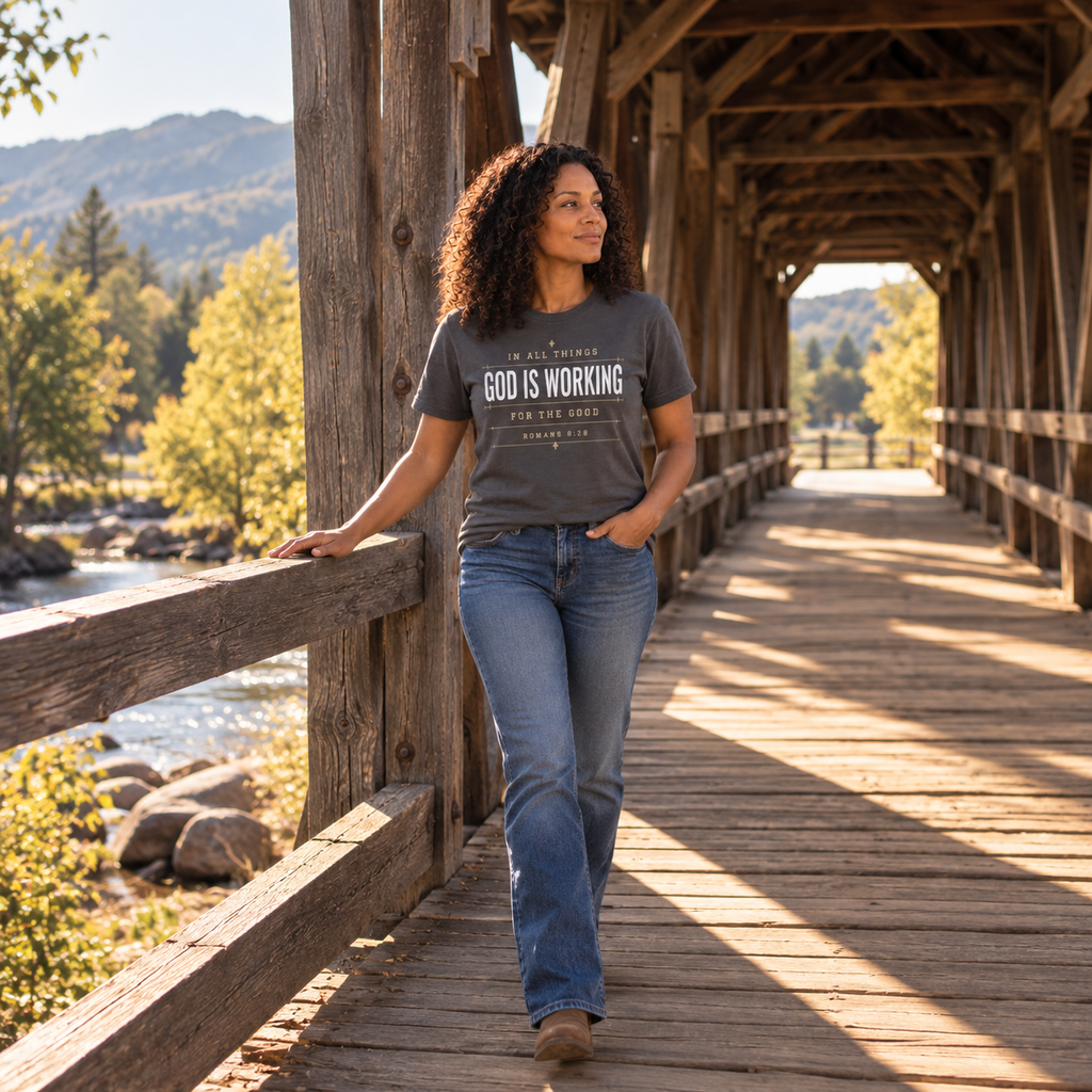 Woman wearing a graphite Romans 8:28 Christian shirt inside a historic covered bridge surrounded by warm wood architecture and mountain scenery.