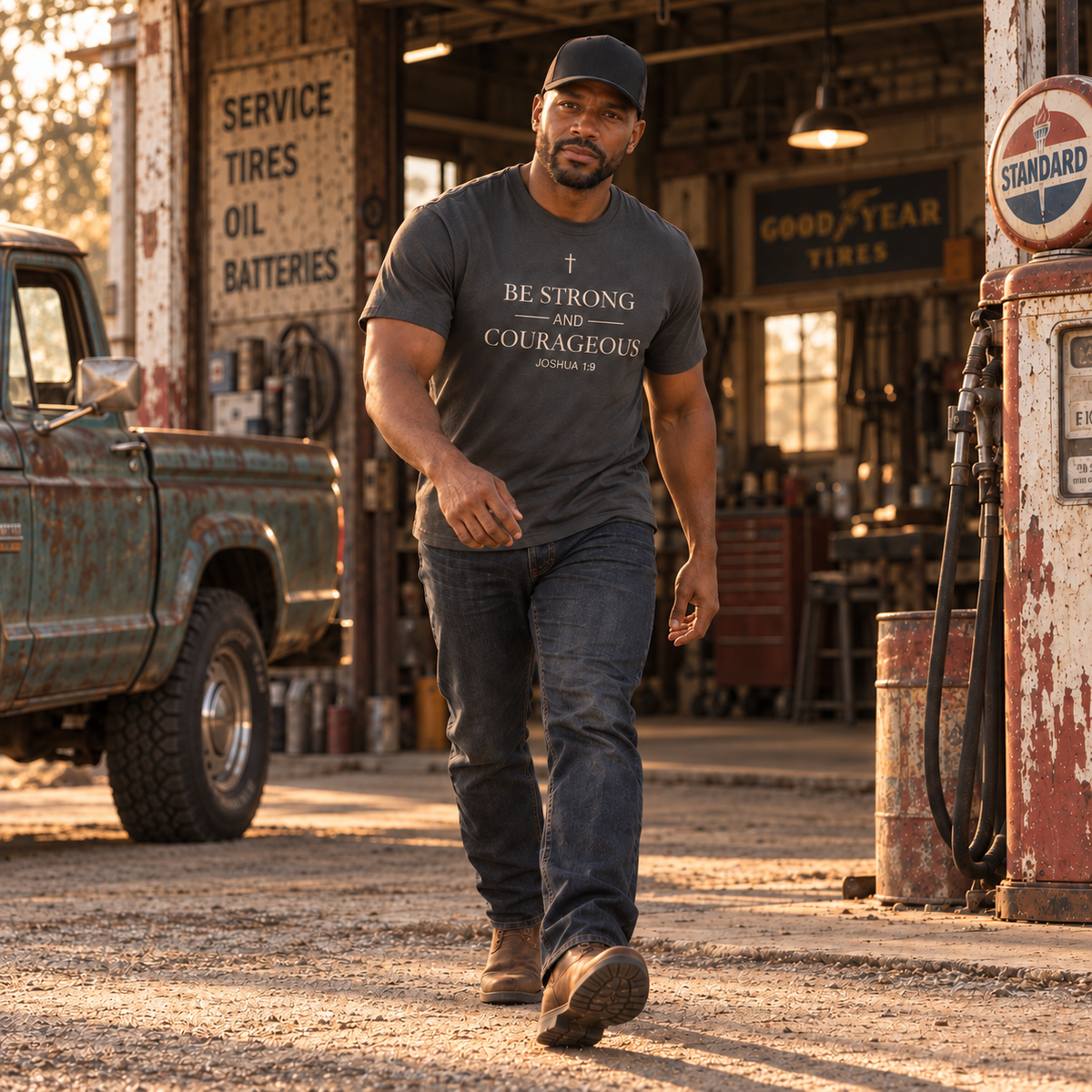 Man walking in Be Strong and Courageous Joshua 1:9 Christian shirt at a vintage garage