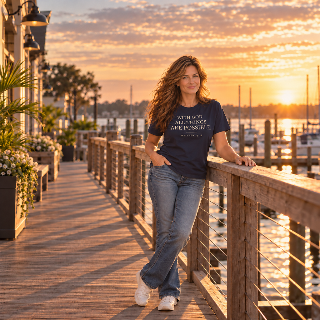 Woman wearing a navy Scripture T-shirt while leaning against a wooden pier railing at sunset.