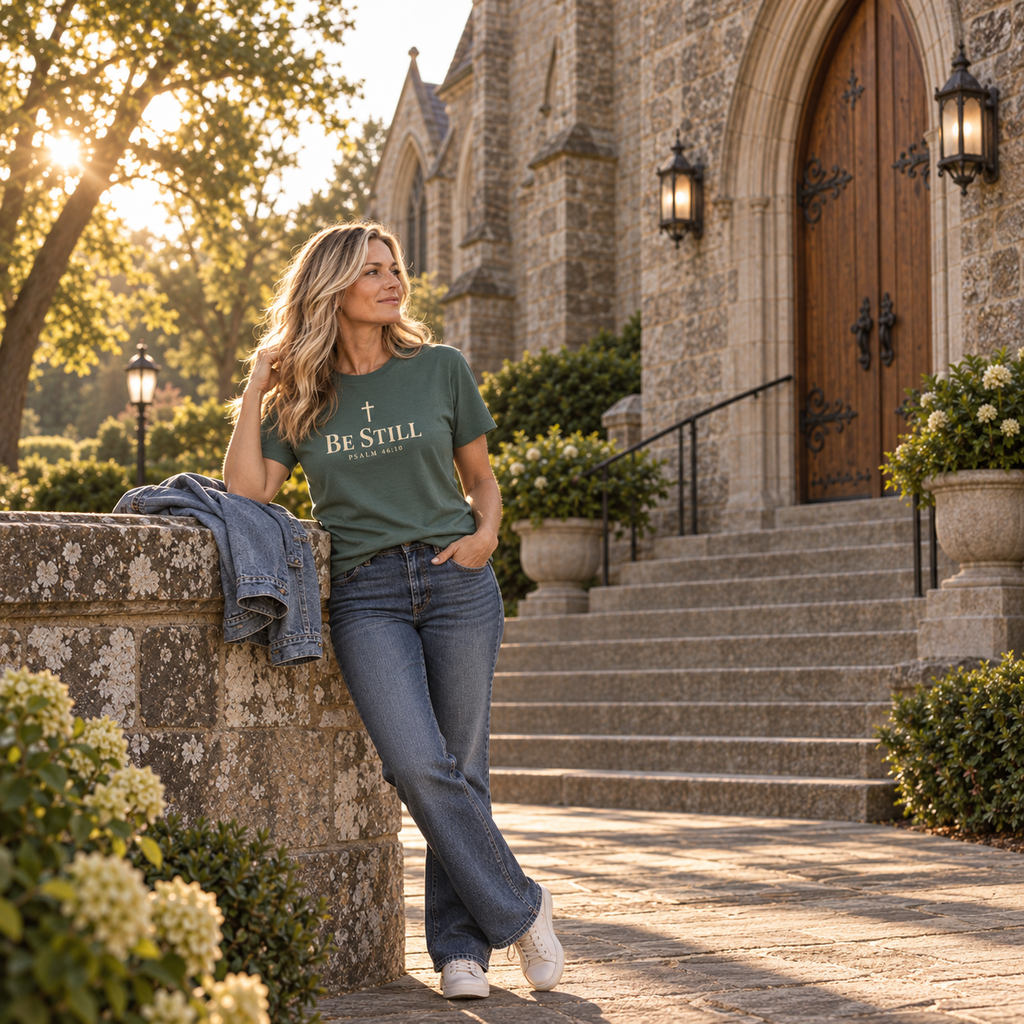 Woman wearing a blue spruce Be Still Scripture shirt beside a stone wall outside a historic church at golden hour.