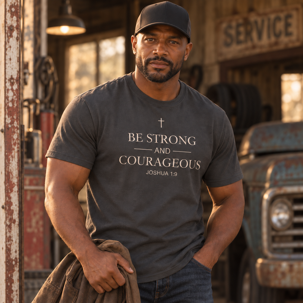 Man wearing charcoal Be Strong and Courageous Christian T-shirt inspired by Joshua 1:9
