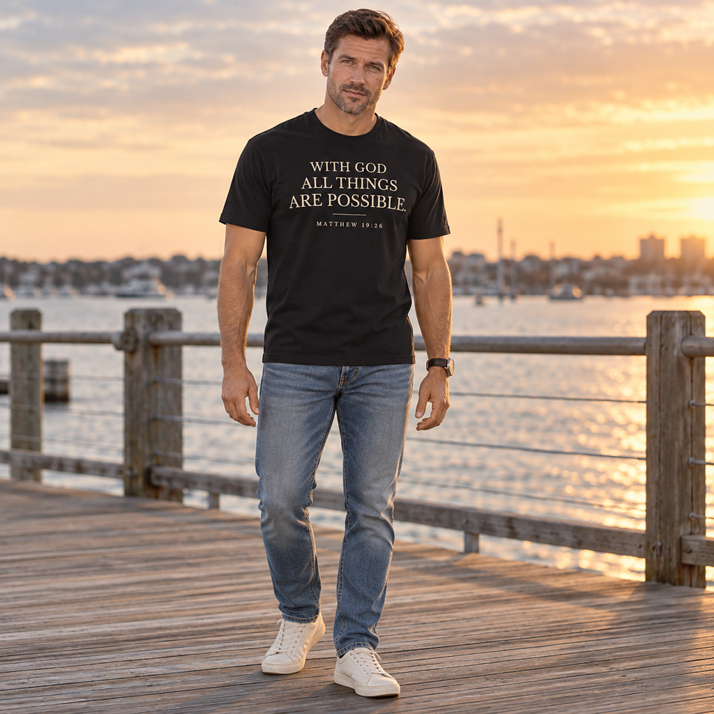 Man walking along a waterfront boardwalk wearing a black Matthew 19:26 Christian graphic T-shirt.