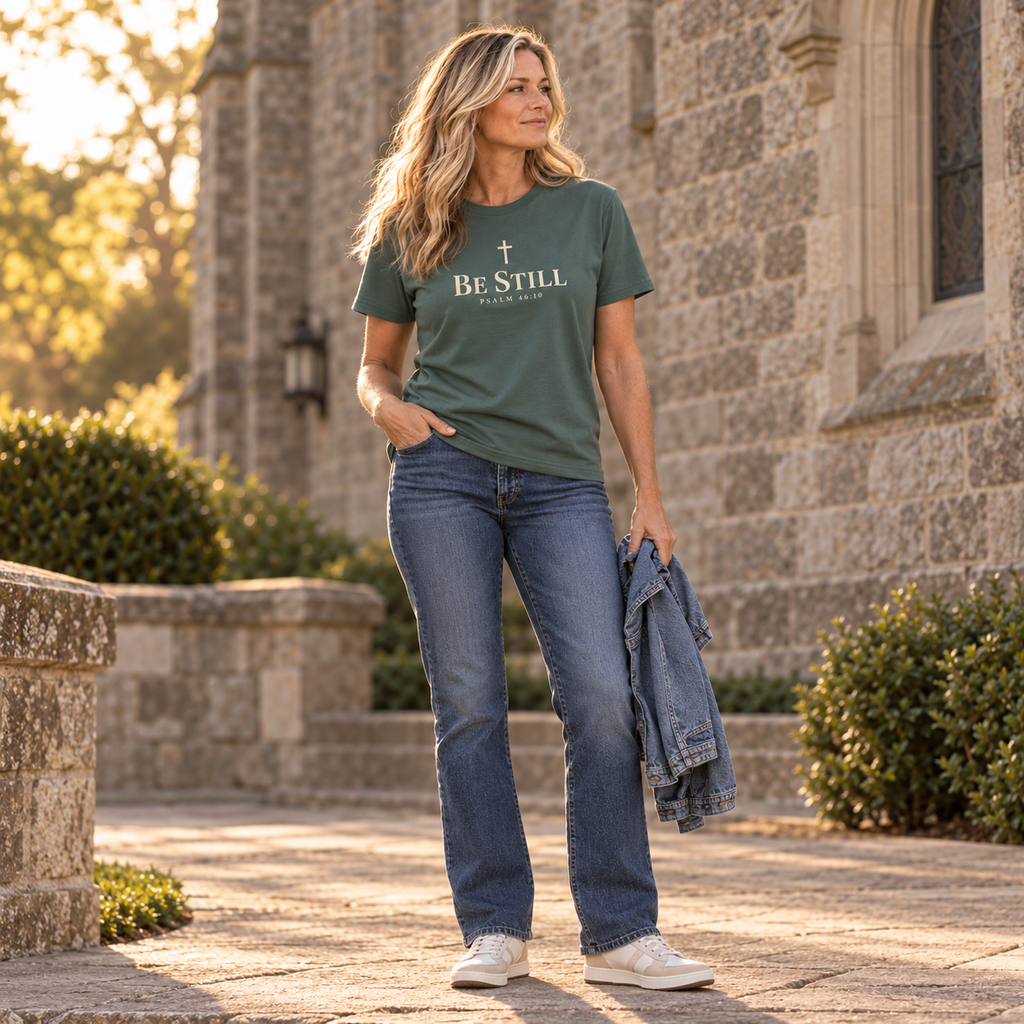 Full-body view of woman wearing a blue spruce Be Still Psalm 46:10 Christian T-shirt with jeans and sneakers.