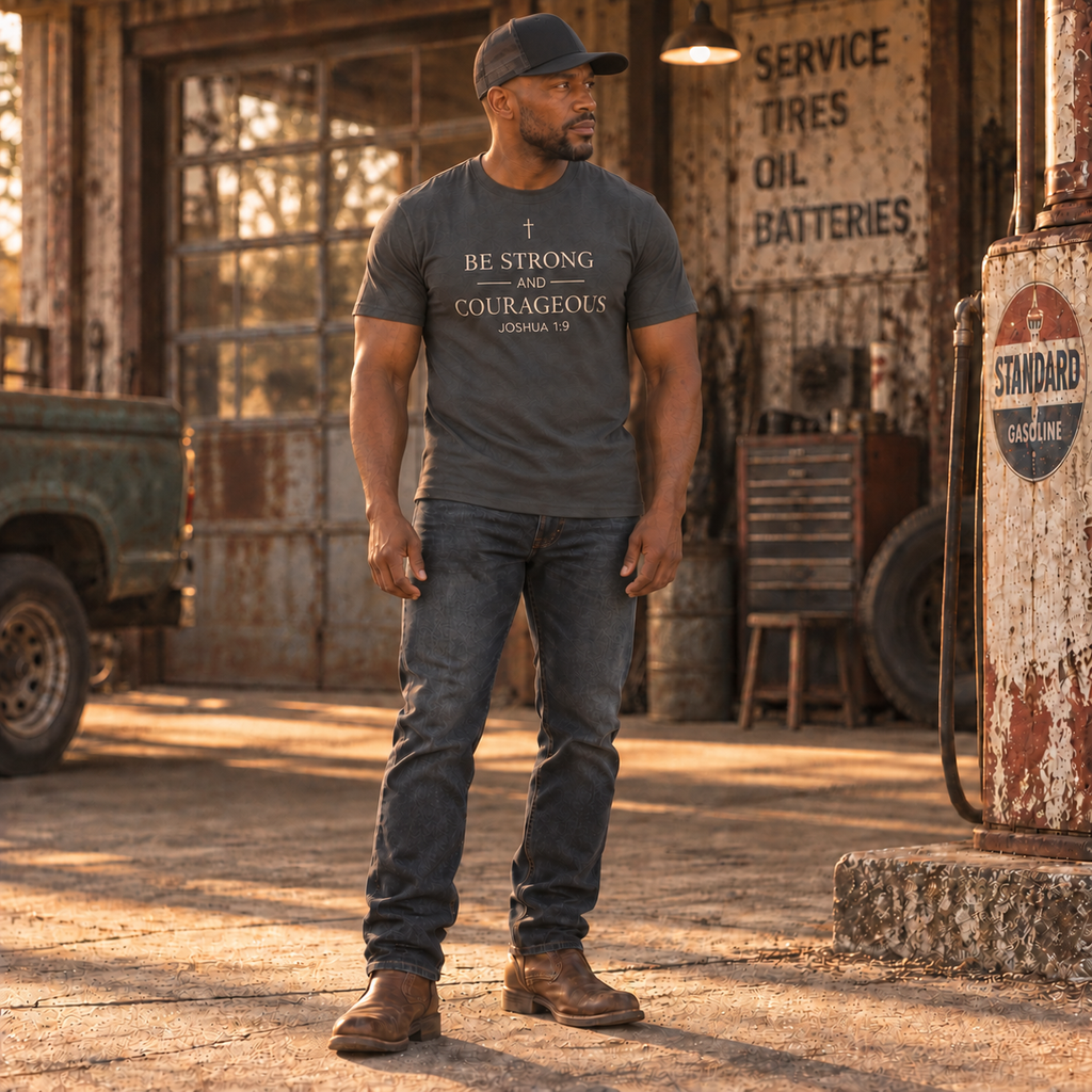 Full-body view of man styling Be Strong and Courageous Joshua 1:9 Christian T-shirt with jeans and boots