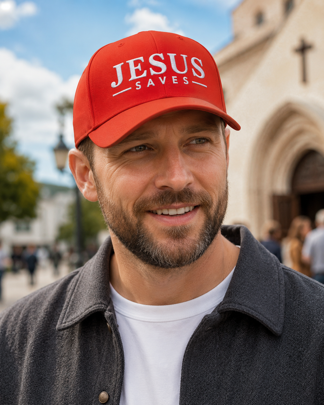 A smiling man outdoors wearing a red baseball cap with the words 'JESUS SAVES' in white, along with a dark gray button-up shirt over a white T-shirt. A church building is blurred in the background.