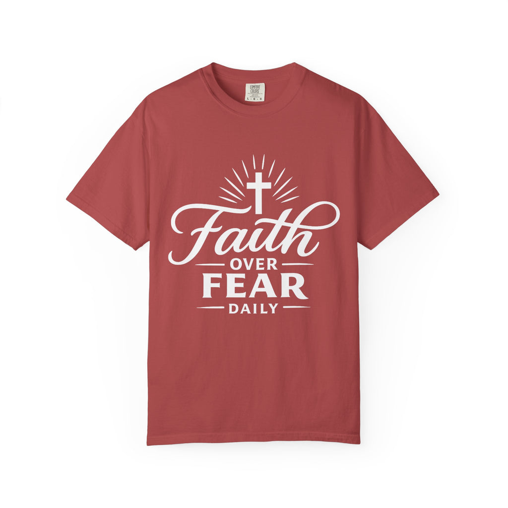  Brick red Christian T-shirt featuring a white “Faith Over Fear Daily” design with a cross on a plain white background.
